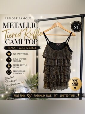 Almost Famous Metallic Tiered Ruffle Cami Top Black Gold Sparkle XL Y2K Party
